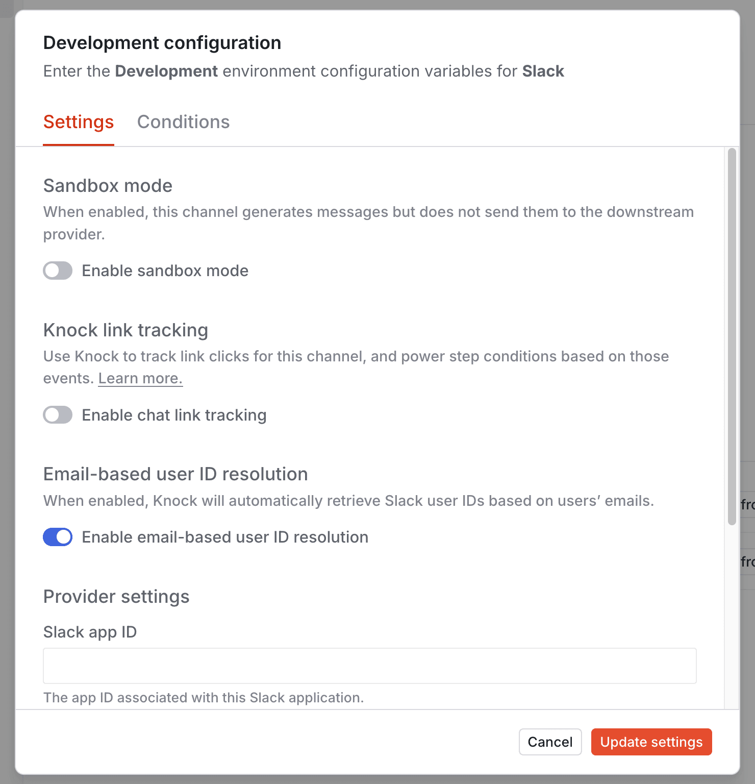 Channel configuration dialog with email-based user ID resolution setting